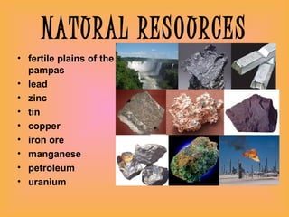 NATURAL RESOURCES
• fertile plains of the
  pampas
• lead
• zinc
• tin
• copper
• iron ore
• manganese
• petroleum
• uranium
 
