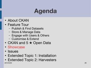 Agenda 
● About CKAN 
● Feature Tour 
– Publish & Find Datasets 
– Store & Manage Data 
– Engage with Users & Others 
– Customise & Extend 
● CKAN and 5 ★ Open Data 
● Showcase 
● Issues 
● Extended Topic 1: Installation 
● Extended Topic 2: Harvesters 
2014/5/22 28 
 
