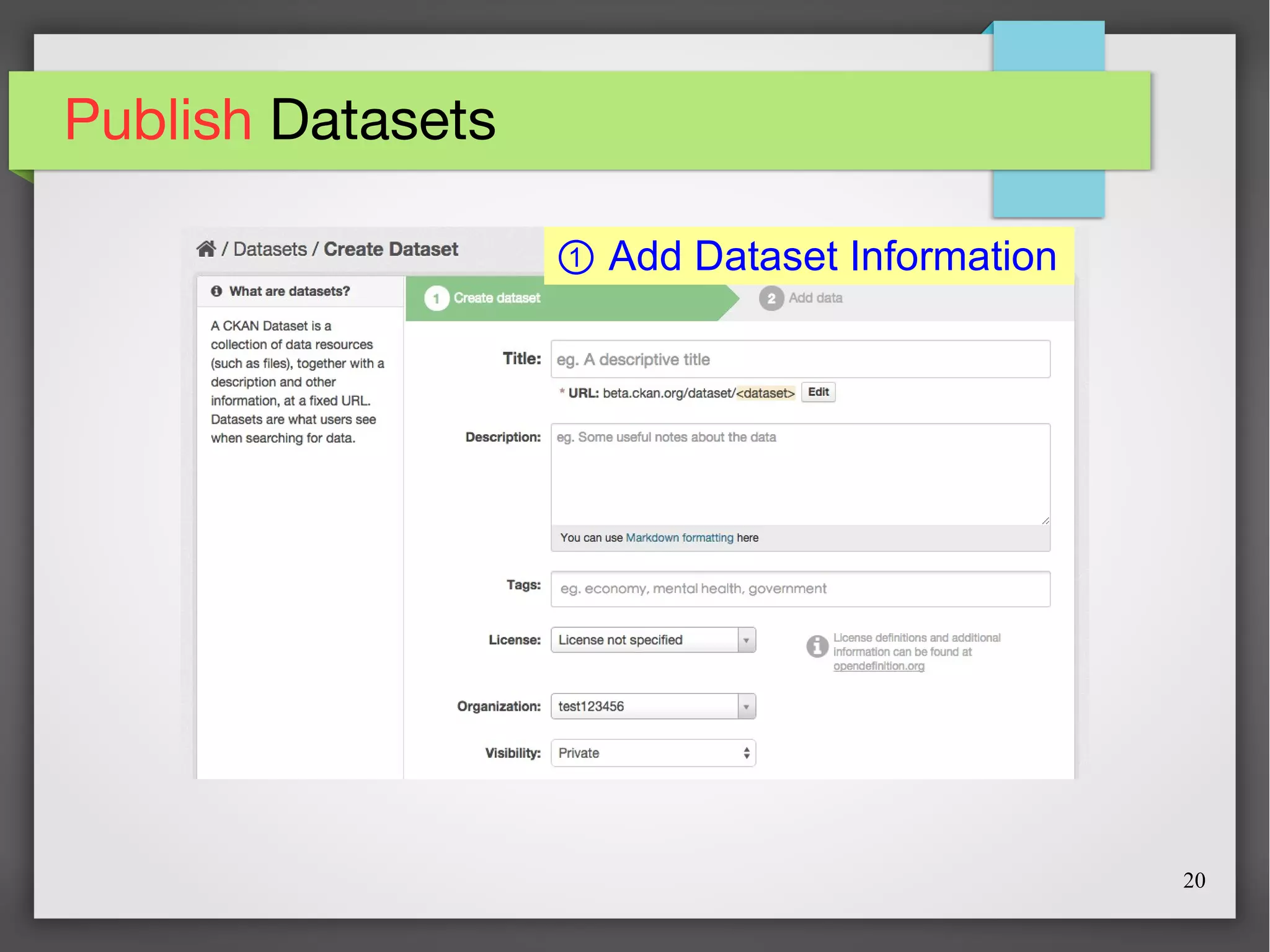 20
Publish Datasets
① Add Dataset Information
 