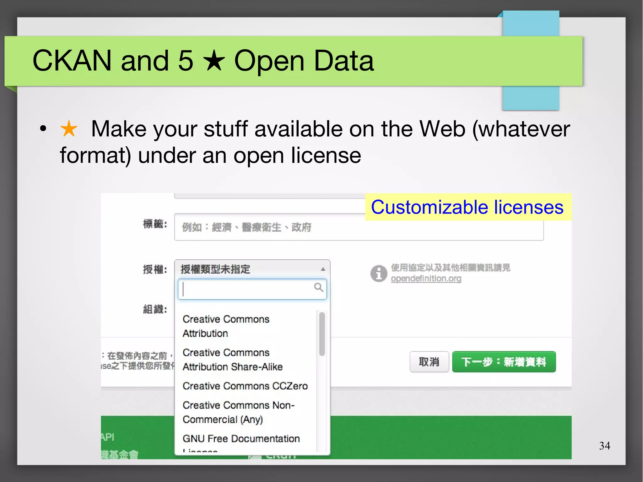 34
CKAN and 5 Open Data★
●
★ Make your stuff available on the Web (whatever
format) under an open license
Customizable licenses
 