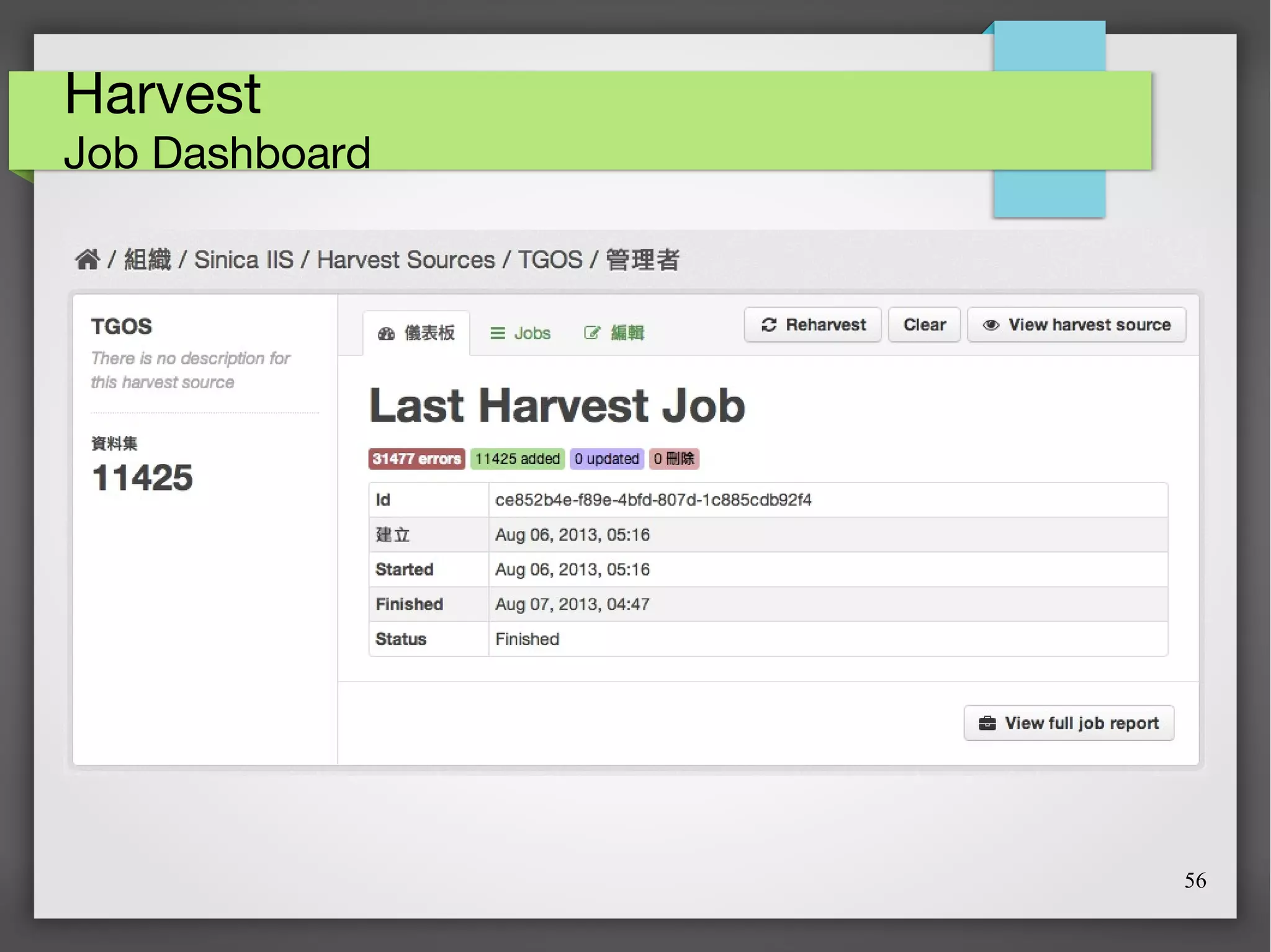 56
Harvest
Job Dashboard
 