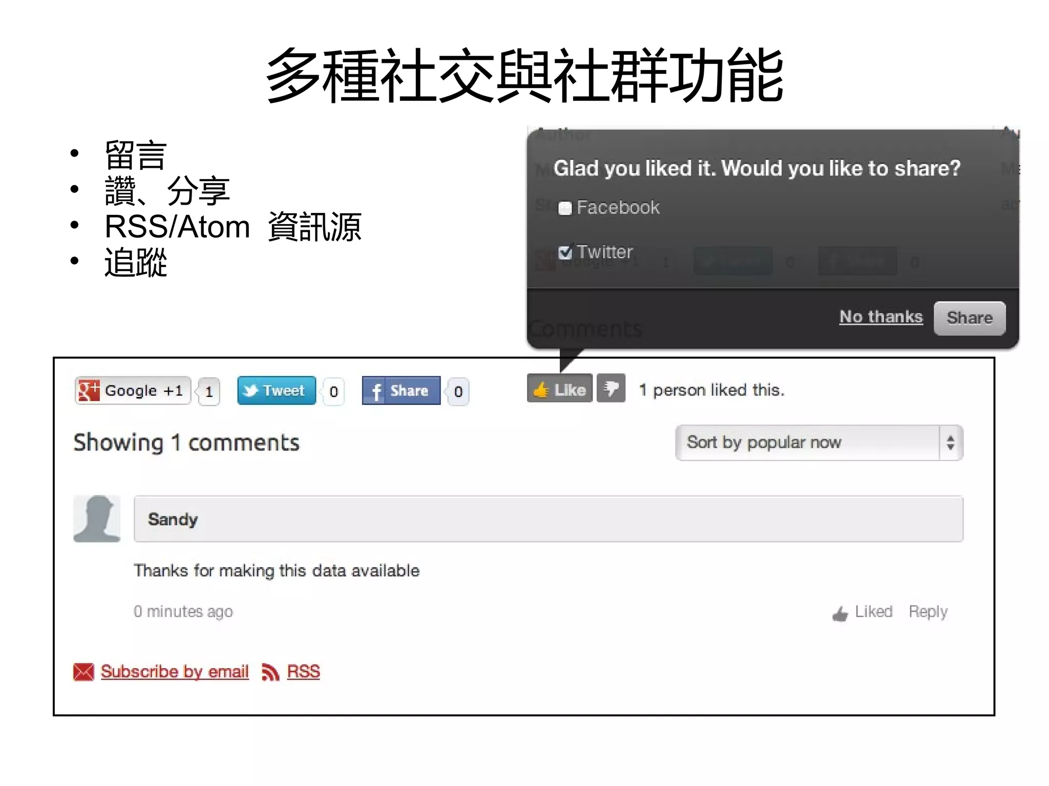 多種社交與社群功能
•   留言
•   讚、分享
•   RSS/Atom 資訊源
•   追蹤
 