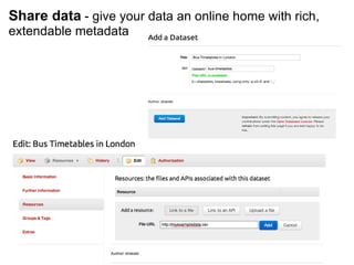 Share data   - give your data an online home with rich, extendable metadata 
