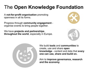 The Open Knowledge Foundation
A not-for-profit organisation promoting
openness in all its forms.

Progress through community engagement -
organise events to bring people together.

We have projects and partnerships
throughout the world, especially in Europe.



                               We build tools and communities to
                               create, use and share open
                               knowledge - content and data that every
                               one can use, share and build on.

                               Aim to improve governance, research
                               and the economy.
 