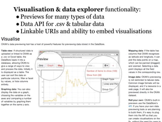 Visualisation & data explorer functionality:
● Previews for many types of data
● Data API for .csv & tabular data
● Linkable URIs and ability to embed visualisations

 