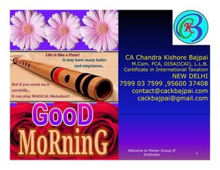 CA Chandra Kishore Bajpai
M.Com. FCA, DISA(ICAI), L.L.B.
Certificate in International Taxation
NEW DELHINEW DELHI
7599 03 7599 ,95600 37408
contact@cackbajpai.com
kb lcackbajpai@gmail.com
1
Welcome to Mewar Group of
Institutes
 