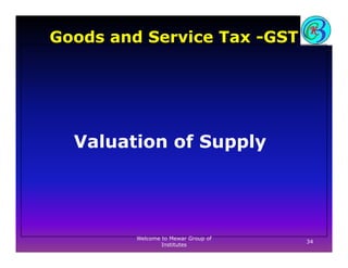 Goods and Service Tax -GST
Valuation of Supplypp y
34
Welcome to Mewar Group of
Institutes
 