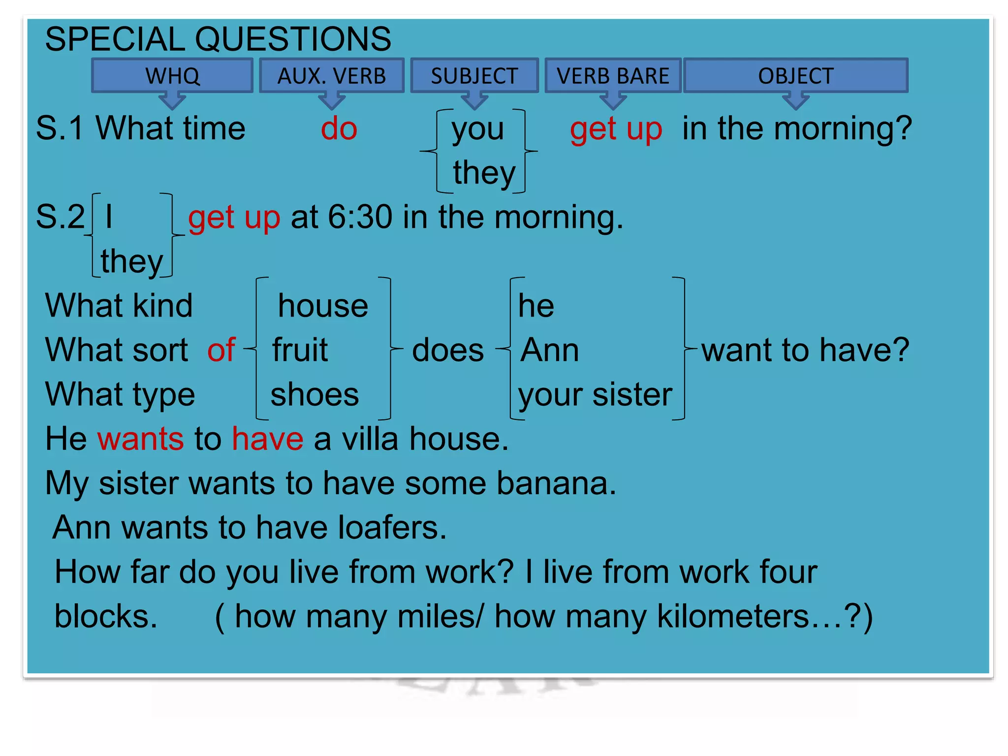 SPECIAL QUESTIONS 
WHQ AUX. VERB SUBJECT VERB BARE OBJECT 
S.1 What time do you get up in the morning? 
they 
S.2 I get up at 6:30 in the morning. 
they 
What kind house he 
What sort of fruit does Ann want to have? 
What type shoes your sister 
He wants to have a villa house. 
My sister wants to have some banana. 
Ann wants to have loafers. 
How far do you live from work? I live from work four 
blocks. ( how many miles/ how many kilometers…?) 
 