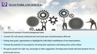  Experienced customer Focused management team
 Around 150 well trained, dedicated and motivated team of professional at alllevels
 Setting team goals, opportunities to highlight the individual contributions of our teammembers.
 Unleash the potential of our people by elevating their aspirations and helping them achievethem
 Recognize people the right way, encourage to make suggestions, boosting team morale and team dynamic for our
professional success
 