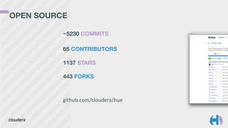 OPEN SOURCE 
~5230 COMMITS	
  
 
65 CONTRIBUTORS 
 
1137 STARS 
 
443 FORKS
 
github.com/cloudera/hue
 