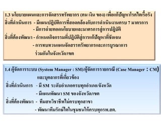 1.3 นโยบายแผนและการจัดสรรทรัพยากร (คน เงิน ของ) เพื่อแก้ปัญหาโรคไตเรื้อรัง
สิ่งที่ดาเนินการ - มีแผนปฎิบัติการที่สอดคล้องกับการดาเนินงานครบ 7 มาตรการ
- มีการถ่ายทอดนโยบายและมาตรการสู่การปฎิบัติ
สิ่งที่ต้องพัฒนา - กาหนดกิจกรรมที่ปฎิบัติสู่การแก้ปัญหาที่ชัดเจน
- การทบทวนแผนจัดสรรทรัพยากรและการบูรณาการ
ร่วมกันในจังหวัด/เขต
 