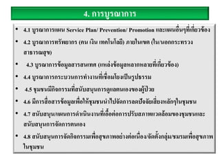 4. การบูรณาการ
• 4.1 บูรณาการแผน Service Plan/ Prevention/ Promotion และแผนอื่นๆที่เกี่ยวข้อง
• 4.2 บูรณาการทรัพยากร (คน เงิน เทคโนโลยี) ภายในเขต (ใน/นอกกระทรวง
สาธารณสุข)
• 4.3 บูรณาการข้อมูลสารสนเทศ (แหล่งข้อมูลหลากหลายที่เกี่ยวข้อง)
• 4.4 บูรณาการกระบวนการทางานที่เชื่อมโยงเป็นรูปธรรม
• 4.5 ชุมชนมีกิจกรรมที่สนับสนุนการดูแลตนเองของผู้ป่ วย
• 4.6 มีการสื่อสารข้อมูลเพื่อให้ชุมชนนาไปจัดการลดปัจจัยเสี่ยงหลักๆในชุมชน
• 4.7 สนับสนุน/แผนการดาเนินงานที่เอื้อต่อการปรับสภาพแวดล้อมของชุมชนและ
สนับสนุนการจัดการตนเอง
• 4.8 สนับสนุนการจัดกิจกรรมเพื่อสุขภาพอย่างต่อเนื่อง/จัดตั้งกลุ่ม/ชมรมเพื่อสุขภาพ
ในชุมชน
 