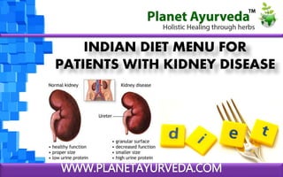 WWW.PLANETAYURVEDA.COM
INDIAN DIET MENU FOR
PATIENTS WITH KIDNEY DISEASE
 