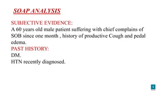 3
SUBJECTIVE EVIDENCE:
A 60 years old male patient suffering with chief complains of
SOB since one month , history of productive Cough and pedal
edema.
PAST HISTORY:
DM.
HTN recently diagnosed.
SOAP ANALYSIS
 