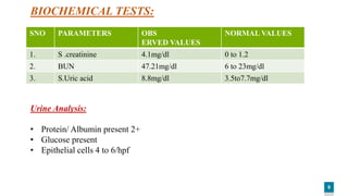 6
SNO PARAMETERS OBS
ERVED VALUES
NORMAL VALUES
1. S .creatinine 4.1mg/dl 0 to 1.2
2. BUN 47.21mg/dl 6 to 23mg/dl
3. S.Uric acid 8.8mg/dl 3.5to7.7mg/dl
Urine Analysis:
• Protein/ Albumin present 2+
• Glucose present
• Epithelial cells 4 to 6/hpf
BIOCHEMICAL TESTS:
 