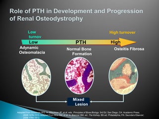 Adapted from Goodman WG. In: Bilezikian JP, et al, eds. Principles of Bone Biology. 3rd Ed. San Diego, CA: Academic Press;
2008:1478-1510; Adapted from Moe SM, et al. In: Brenner BM, ed. The Kidney. 8th ed. Philadelphia, PA: Saunders Elsevier;
2008:1784-1813.
Mixed
Lesion
Osteitis FibrosaNormal Bone
Formation
High
Low
turnov
er
High turnover
Adynamic
Osteomalacia
Low PTH
 