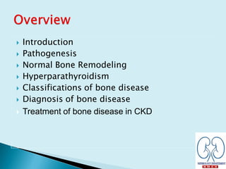  Introduction
 Pathogenesis
 Normal Bone Remodeling
 Hyperparathyroidism
 Classifications of bone disease
 Diagnosis of bone disease
 Treatment of bone disease in CKD
 