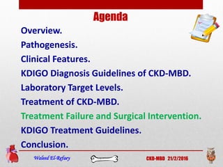 Agenda
Overview.
Pathogenesis.
Clinical Features.
KDIGO Diagnosis Guidelines of CKD-MBD.
Laboratory Target Levels.
Treatment of CKD-MBD.
Treatment Failure and Surgical Intervention.
KDIGO Treatment Guidelines.
Conclusion.
Waleed El-Refaey CKD-MBD 21/2/2016
 