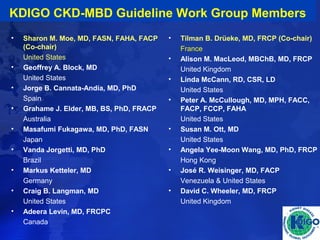 KDIGO CKD-MBD Guideline Work Group Members 
• Sharon M. Moe, MD, FASN, FAHA, FACP 
(Co-chair) 
United States 
• Geoffrey A. Block, MD 
United States 
• Jorge B. Cannata-Andía, MD, PhD 
Spain 
• Grahame J. Elder, MB, BS, PhD, FRACP 
Australia 
• Masafumi Fukagawa, MD, PhD, FASN 
Japan 
• Vanda Jorgetti, MD, PhD 
Brazil 
• Markus Ketteler, MD 
Germany 
• Craig B. Langman, MD 
United States 
• Adeera Levin, MD, FRCPC 
Canada 
• Tilman B. Drüeke, MD, FRCP (Co-chair) 
France 
• Alison M. MacLeod, MBChB, MD, FRCP 
United Kingdom 
• Linda McCann, RD, CSR, LD 
United States 
• Peter A. McCullough, MD, MPH, FACC, 
FACP, FCCP, FAHA 
United States 
• Susan M. Ott, MD 
United States 
• Angela Yee-Moon Wang, MD, PhD, FRCP 
Hong Kong 
• José R. Weisinger, MD, FACP 
Venezuela & United States 
• David C. Wheeler, MD, FRCP 
United Kingdom 
 