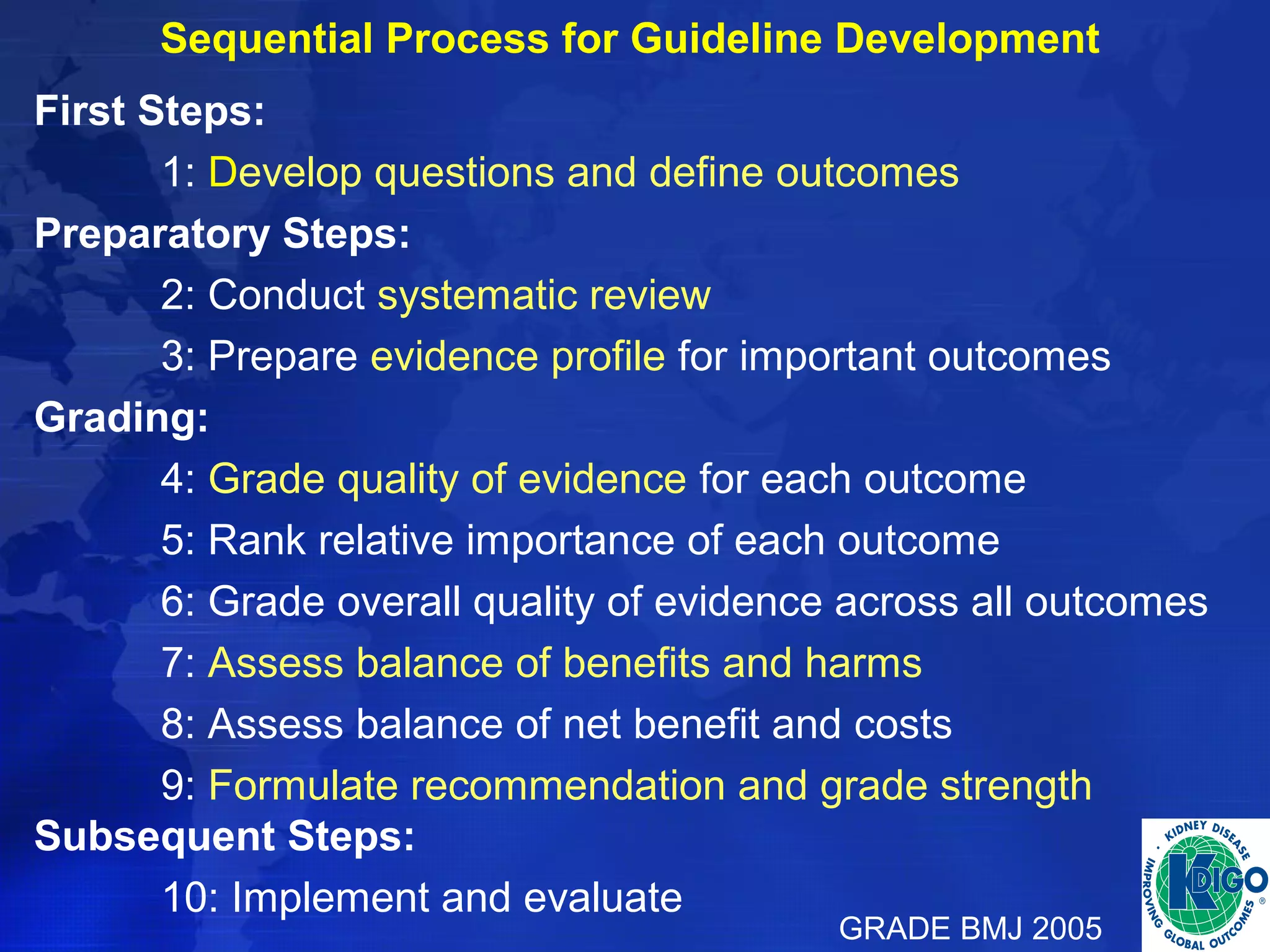 Sequential Process for Guideline Development 
First Steps: 
1: Develop questions and define outcomes 
Preparatory Steps: 
2: Conduct systematic review 
3: Prepare evidence profile for important outcomes 
Grading: 
4: Grade quality of evidence for each outcome 
5: Rank relative importance of each outcome 
6: Grade overall quality of evidence across all outcomes 
7: Assess balance of benefits and harms 
8: Assess balance of net benefit and costs 
9: Formulate recommendation and grade strength 
Subsequent Steps: 
10: Implement and evaluate 
GRADE BMJ 2005 
 