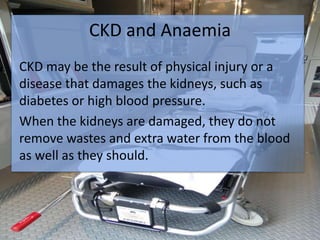 CKD and Anaemia
CKD may be the result of physical injury or a
disease that damages the kidneys, such as
diabetes or high blood pressure.
When the kidneys are damaged, they do not
remove wastes and extra water from the blood
as well as they should.
 