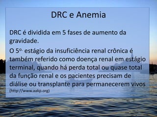 DRC e Anemia
DRC é dividida em 5 fases de aumento da
gravidade.
O 5o. estágio da insuficiência renal crônica é
também referido como doença renal em estágio
terminal, quando há perda total ou quase total
da função renal e os pacientes precisam de
diálise ou transplante para permanecerem vivos
(http://www.aakp.org)
 