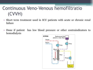 Continuous Veno-Venous hemofiltratio
(CVVH)
• Short term treatment used in ICU patients with acute or chronic renal
failure
• Done if patient has low blood pressure or other contraindicators to
hemodialysis
 