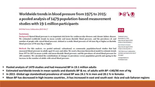  Pooled analysis of 1479 studies and had measured BP in 19.1 million adults
 Estimated worldwide trends in mean systolic and diastolic BP & no. of adults with BP >140/90 mm of Hg
 In 2015 -Global age standardised prevalence of raised BP was 24.1 % in men and 20.1 % in females
 Mean BP has decreased in high income countries , it has increased in east and south east- Asia and sub-Saharan regions
 