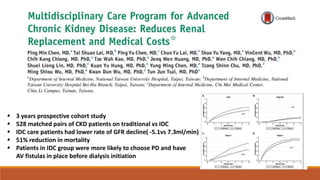  3 years prospective cohort study
 528 matched pairs of CKD patients on traditional vs IDC
 IDC care patients had lower rate of GFR decline( -5.1vs 7.3ml/min)
 51% reduction in mortality
 Patients in IDC group were more likely to choose PD and have
AV fistulas in place before dialysis initiation
 