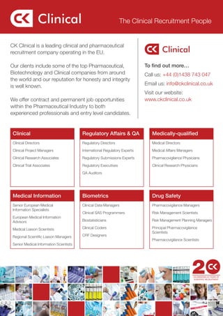 The Clinical Recruitment People


CK Clinical is a leading clinical and pharmaceutical
recruitment company operating in the EU.

Our clients include some of the top Pharmaceutical,                         To find out more…
Biotechnology and Clinical companies from around                            Call us: +44 (0)1438 743 047
the world and our reputation for honesty and integrity
is well known.                                                              Email us: info@ckclinical.co.uk
                                                                            Visit our website:
We offer contract and permanent job opportunities                           www.ckclinical.co.uk
within the Pharmaceutical Industry to both
experienced professionals and entry level candidates.


 Clinical                                Regulatory Affairs & QA               Medically-qualified
 Clinical Directors                      Regulatory Directors                  Medical Directors

 Clinical Project Managers               International Regulatory Experts      Medical Affairs Managers

 Clinical Research Associates            Regulatory Submissions Experts        Pharmacovigilance Physicians

 Clinical Trial Associates               Regulatory Executives                 Clinical Research Physicians

                                         QA Auditors




 Medical Information                     Biometrics                            Drug Safety
 Senior European Medical                 Clinical Data Managers                Pharmacovigilance Managers
 Information Specialists
                                         Clinical SAS Programmers              Risk Management Scientists
 European Medical Information
 Advisors                                Biostatisticians                      Risk Management Planning Managers

 Medical Liaison Scientists              Clinical Coders                       Principal Pharmacovigilance
                                                                               Scientists
 Regional Scientific Liaison Managers    CRF Designers
                                                                               Pharmacovigilance Scientists
 Senior Medical Information Scientists
 