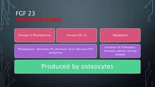 FGF 23
PHOSPHATONIN
Produced by osteocytes
Phosphaturic- Decreases Ph, decreases Vit D, Decrease PTH
production
Increase in Phoshphorous Increase FGF 23
Increases Vit D Receptor,
Increases calcium sensing
receptor
Maladaptive
 