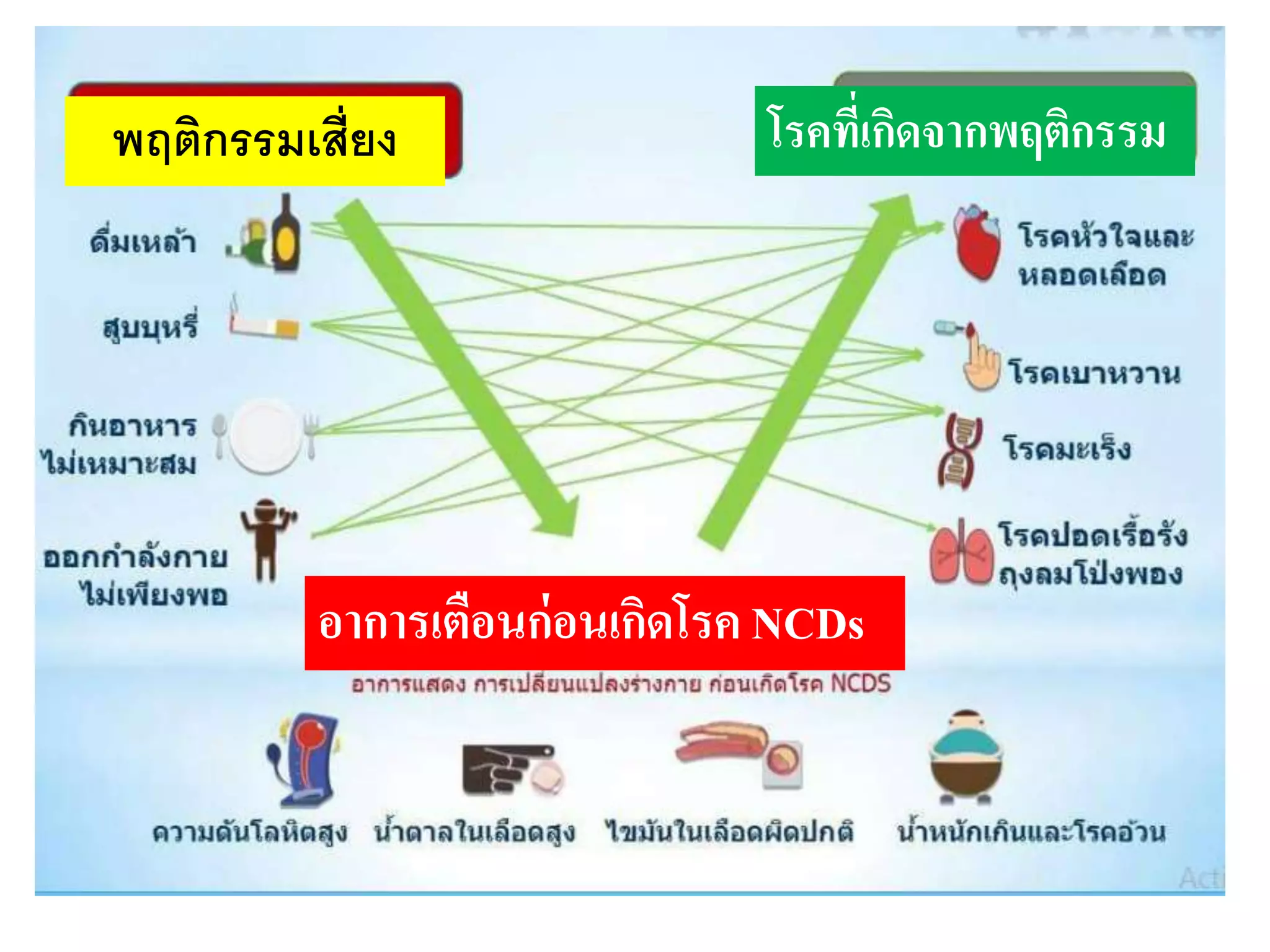 พฤติกรรมเสี่ยง โรคที่เกิดจากพฤติกรรม
อาการเตือนก่อนเกิดโรค NCDs
 