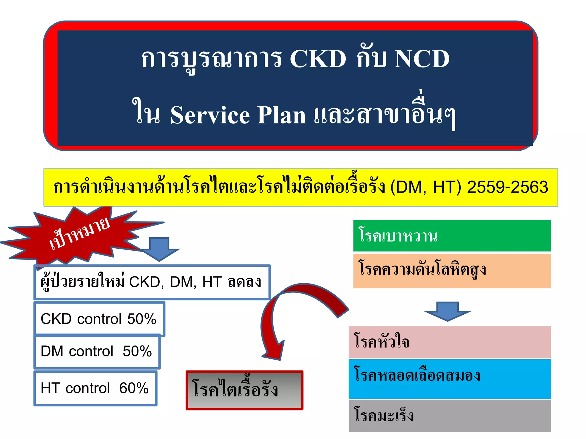 การบูรณาการ CKD กับ NCD
ใน Service Plan และสาขาอื่นๆ
การดาเนินงานด้านโรคไตและโรคไม่ติดต่อเรื้อรัง (DM, HT) 2559-2563
โรคเบาหวาน
โรคความดันโลหิตสูง
โรคหัวใจ
โรคหลอดเลือดสมอง
โรคมะเร็ง
โรคไตเรื้อรัง
ผู้ป่ วยรายใหม่ CKD, DM, HT ลดลง
DM control 50%
HT control 60%
CKD control 50%
 