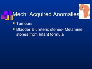 Mech: Acquired Anomalies 
 Tumours 
 Bladder  ureteric stones- Melamine 
stones from Infant formula 
 