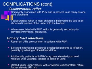 COMPLICATIONS (cont) 
Vesicoureteral reflux 
 Commonly associated with PUV and is present in as many as one 
third of patients 
 Vesicoureteral reflux in most children is believed to be due to an 
abnormal insertion of the ureter into the bladder. 
 When associated with PUV, reflux is generally secondary to 
elevated intravesical pressures. 
Urinary tract infections 
 Recurrent UTIs are common in patients with PUV. 
 Elevated intravesical pressures predispose patients to infection, 
possibly by altering urothelial blood flow. 
 Additionally, patients with PUV may have elevated post void 
residual urine volumes, leading to stasis of urine. 
 Dilated upper urinary tracts, with or without vesicoureteral reflux, 
further elevate UTI risk. 
 