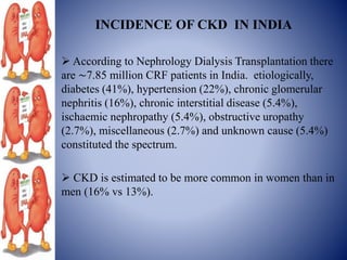 INCIDENCE OF CKD IN INDIA
 According to Nephrology Dialysis Transplantation there
are ∼7.85 million CRF patients in India. etiologically,
diabetes (41%), hypertension (22%), chronic glomerular
nephritis (16%), chronic interstitial disease (5.4%),
ischaemic nephropathy (5.4%), obstructive uropathy
(2.7%), miscellaneous (2.7%) and unknown cause (5.4%)
constituted the spectrum.
 CKD is estimated to be more common in women than in
men (16% vs 13%).
 