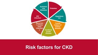 Diabetes
Hypertens
ion
Family
history of
kidney
disease
Cardiova
scular
disease
Recurren
t urinary
tract
infection
s
HIV
infection
Autoimm
une
diseases
Risk factors for CKD
 