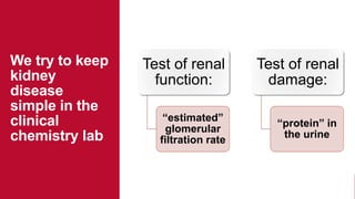 We try to keep
kidney
disease
simple in the
clinical
chemistry lab
Test of renal
function:
“estimated”
glomerular
filtration rate
Test of renal
damage:
“protein” in
the urine
 