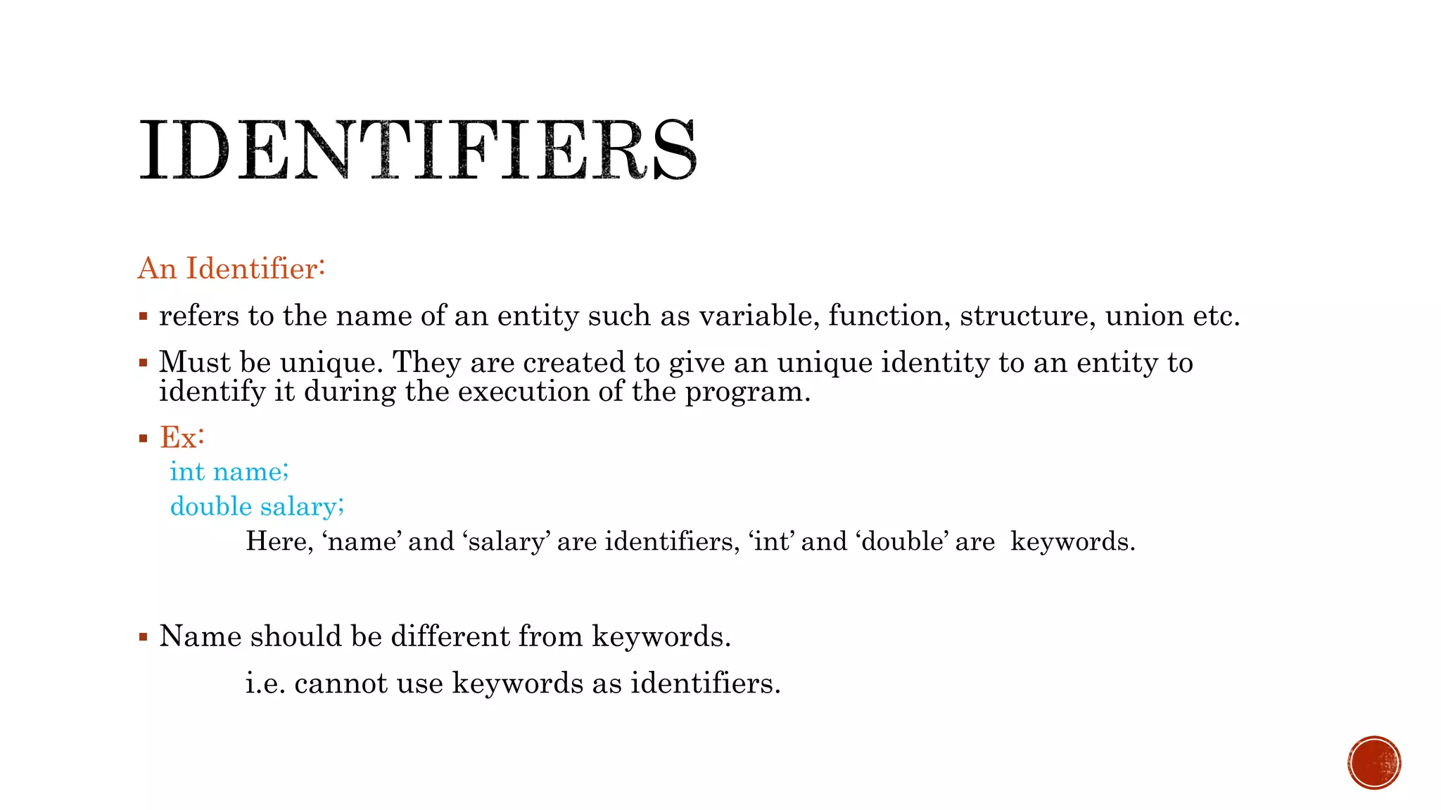 C keywords and identifiers | PPTX