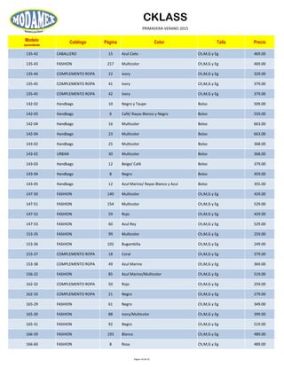 CKLASS
PRIMAVERA-VERANO 2015
Modelo
ascendente
Catálogo Página Color Talla Precio
135-42 CABALLERO 15 Azul Cielo Ch,M,G y Eg 469.00
135-43 FASHION 217 Multicolor Ch,M,G y Eg 469.00
135-44 COMPLEMENTO ROPA 22 Ivory Ch,M,G y Eg 329.00
135-45 COMPLEMENTO ROPA 41 Ivory Ch,M,G y Eg 379.00
135-45 COMPLEMENTO ROPA 42 Ivory Ch,M,G y Eg 379.00
142-02 Handbags 10 Negro y Taupe Bolso 509.00
142-03 Handbags 6 Café/ Rayas Blanco y Negro Bolso 559.00
142-04 Handbags 16 Multicolor Bolso 663.00
142-04 Handbags 23 Multicolor Bolso 663.00
143-02 Handbags 25 Multicolor Bolso 368.00
143-02 URBAN 30 Multicolor Bolso 368.00
143-03 Handbags 12 Beige/ Café Bolso 379.00
143-04 Handbags 8 Negro Bolso 459.00
143-05 Handbags 12 Azul Marino/ Rayas Blanco y Azul Bolso 355.00
147-50 FASHION 140 Multicolor Ch,M,G y Eg 429.00
147-51 FASHION 154 Multicolor Ch,M,G y Eg 529.00
147-52 FASHION 59 Rojo Ch,M,G y Eg 429.00
147-53 FASHION 60 Azul Rey Ch,M,G y Eg 529.00
153-35 FASHION 99 Multicolor Ch,M,G y Eg 259.00
153-36 FASHION 102 Bugambilia Ch,M,G y Eg 249.00
153-37 COMPLEMENTO ROPA 18 Coral Ch,M,G y Eg 379.00
153-38 COMPLEMENTO ROPA 49 Azul Marino Ch,M,G y Eg 369.00
156-22 FASHION 85 Azul Marino/Multicolor Ch,M,G y Eg 519.00
162-32 COMPLEMENTO ROPA 50 Rojo Ch,M,G y Eg 259.00
162-33 COMPLEMENTO ROPA 21 Negro Ch,M,G y Eg 279.00
165-29 FASHION 61 Negro Ch,M,G y Eg 349.00
165-30 FASHION 88 Ivory/Multicolor Ch,M,G y Eg 399.00
165-31 FASHION 92 Negro Ch,M,G y Eg 519.00
166-59 FASHION 193 Blanco Ch,M,G y Eg 489.00
166-60 FASHION 8 Rosa Ch,M,G y Eg 489.00
Página 10 de 52
 