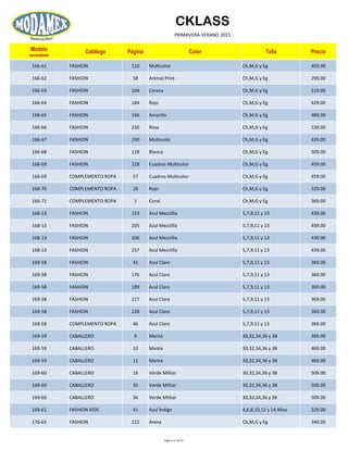 CKLASS
PRIMAVERA-VERANO 2015
Modelo
ascendente
Catálogo Página Color Talla Precio
166-61 FASHION 110 Multicolor Ch,M,G y Eg 459.00
166-62 FASHION 58 Animal Print Ch,M,G y Eg 299.00
166-63 FASHION 104 Cereza Ch,M,G y Eg 519.00
166-64 FASHION 184 Rojo Ch,M,G y Eg 429.00
166-65 FASHION 166 Amarillo Ch,M,G y Eg 489.00
166-66 FASHION 230 Rosa Ch,M,G y Eg 539.00
166-67 FASHION 190 Multicolor Ch,M,G y Eg 429.00
166-68 FASHION 118 Blanco Ch,M,G y Eg 509.00
166-69 FASHION 228 Cuadros Multicolor Ch,M,G y Eg 459.00
166-69 COMPLEMENTO ROPA 57 Cuadros Multicolor Ch,M,G y Eg 459.00
166-70 COMPLEMENTO ROPA 26 Rojo Ch,M,G y Eg 329.00
166-71 COMPLEMENTO ROPA 1 Coral Ch,M,G y Eg 369.00
168-13 FASHION 153 Azul Mezclilla 5,7,9,11 y 13 439.00
168-13 FASHION 205 Azul Mezclilla 5,7,9,11 y 13 439.00
168-13 FASHION 206 Azul Mezclilla 5,7,9,11 y 13 439.00
168-13 FASHION 257 Azul Mezclilla 5,7,9,11 y 13 439.00
169-58 FASHION 41 Azul Claro 5,7,9,11 y 13 369.00
169-58 FASHION 176 Azul Claro 5,7,9,11 y 13 369.00
169-58 FASHION 189 Azul Claro 5,7,9,11 y 13 369.00
169-58 FASHION 227 Azul Claro 5,7,9,11 y 13 369.00
169-58 FASHION 228 Azul Claro 5,7,9,11 y 13 369.00
169-58 COMPLEMENTO ROPA 46 Azul Claro 5,7,9,11 y 13 369.00
169-59 CABALLERO 9 Menta 30,32,34,36 y 38 469.00
169-59 CABALLERO 10 Menta 30,32,34,36 y 38 469.00
169-59 CABALLERO 11 Menta 30,32,34,36 y 38 469.00
169-60 CABALLERO 16 Verde Militar 30,32,34,36 y 38 509.00
169-60 CABALLERO 35 Verde Militar 30,32,34,36 y 38 509.00
169-60 CABALLERO 36 Verde Militar 30,32,34,36 y 38 509.00
169-61 FASHION KIDS 41 Azul Índigo 4,6,8,10,12 y 14 Años 329.00
176-65 FASHION 222 Arena Ch,M,G y Eg 349.00
Página 11 de 52
 