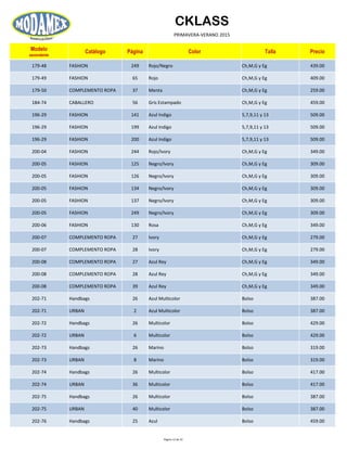 CKLASS
PRIMAVERA-VERANO 2015
Modelo
ascendente
Catálogo Página Color Talla Precio
179-48 FASHION 249 Rojo/Negro Ch,M,G y Eg 439.00
179-49 FASHION 65 Rojo Ch,M,G y Eg 409.00
179-50 COMPLEMENTO ROPA 37 Menta Ch,M,G y Eg 259.00
184-74 CABALLERO 56 Gris Estampado Ch,M,G y Eg 459.00
196-29 FASHION 141 Azul Indigo 5,7,9,11 y 13 509.00
196-29 FASHION 199 Azul Indigo 5,7,9,11 y 13 509.00
196-29 FASHION 200 Azul Indigo 5,7,9,11 y 13 509.00
200-04 FASHION 244 Rojo/Ivory Ch,M,G y Eg 349.00
200-05 FASHION 125 Negro/Ivory Ch,M,G y Eg 309.00
200-05 FASHION 126 Negro/Ivory Ch,M,G y Eg 309.00
200-05 FASHION 134 Negro/Ivory Ch,M,G y Eg 309.00
200-05 FASHION 137 Negro/Ivory Ch,M,G y Eg 309.00
200-05 FASHION 249 Negro/Ivory Ch,M,G y Eg 309.00
200-06 FASHION 130 Rosa Ch,M,G y Eg 349.00
200-07 COMPLEMENTO ROPA 27 Ivory Ch,M,G y Eg 279.00
200-07 COMPLEMENTO ROPA 28 Ivory Ch,M,G y Eg 279.00
200-08 COMPLEMENTO ROPA 27 Azul Rey Ch,M,G y Eg 349.00
200-08 COMPLEMENTO ROPA 28 Azul Rey Ch,M,G y Eg 349.00
200-08 COMPLEMENTO ROPA 39 Azul Rey Ch,M,G y Eg 349.00
202-71 Handbags 26 Azul Multicolor Bolso 387.00
202-71 URBAN 2 Azul Multicolor Bolso 387.00
202-72 Handbags 26 Multicolor Bolso 429.00
202-72 URBAN 6 Multicolor Bolso 429.00
202-73 Handbags 26 Marino Bolso 319.00
202-73 URBAN 8 Marino Bolso 319.00
202-74 Handbags 26 Multicolor Bolso 417.00
202-74 URBAN 36 Multicolor Bolso 417.00
202-75 Handbags 26 Multicolor Bolso 387.00
202-75 URBAN 40 Multicolor Bolso 387.00
202-76 Handbags 25 Azul Bolso 459.00
Página 12 de 52
 