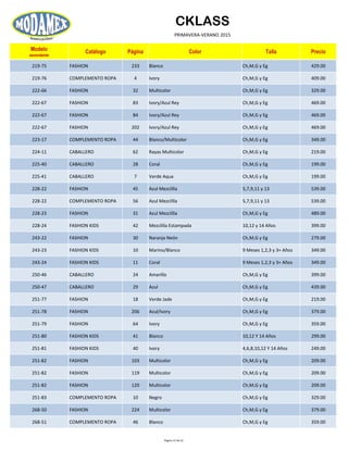 CKLASS
PRIMAVERA-VERANO 2015
Modelo
ascendente
Catálogo Página Color Talla Precio
219-75 FASHION 233 Blanco Ch,M,G y Eg 429.00
219-76 COMPLEMENTO ROPA 4 Ivory Ch,M,G y Eg 409.00
222-66 FASHION 32 Multicolor Ch,M,G y Eg 329.00
222-67 FASHION 83 Ivory/Azul Rey Ch,M,G y Eg 469.00
222-67 FASHION 84 Ivory/Azul Rey Ch,M,G y Eg 469.00
222-67 FASHION 202 Ivory/Azul Rey Ch,M,G y Eg 469.00
223-17 COMPLEMENTO ROPA 44 Blanco/Multicolor Ch,M,G y Eg 349.00
224-11 CABALLERO 62 Rayas Multicolor Ch,M,G y Eg 219.00
225-40 CABALLERO 28 Coral Ch,M,G y Eg 199.00
225-41 CABALLERO 7 Verde Aqua Ch,M,G y Eg 199.00
228-22 FASHION 45 Azul Mezclilla 5,7,9,11 y 13 539.00
228-22 COMPLEMENTO ROPA 56 Azul Mezclilla 5,7,9,11 y 13 539.00
228-23 FASHION 31 Azul Mezclilla Ch,M,G y Eg 489.00
228-24 FASHION KIDS 42 Mezclilla Estampada 10,12 y 14 Años 399.00
243-22 FASHION 30 Naranja Neón Ch,M,G y Eg 279.00
243-23 FASHION KIDS 10 Marino/Blanco 9 Meses 1,2,3 y 3+ Años 349.00
243-24 FASHION KIDS 11 Coral 9 Meses 1,2,3 y 3+ Años 349.00
250-46 CABALLERO 24 Amarillo Ch,M,G y Eg 399.00
250-47 CABALLERO 29 Azul Ch,M,G y Eg 439.00
251-77 FASHION 18 Verde Jade Ch,M,G y Eg 219.00
251-78 FASHION 206 Azul/Ivory Ch,M,G y Eg 379.00
251-79 FASHION 64 Ivory Ch,M,G y Eg 359.00
251-80 FASHION KIDS 41 Blanco 10,12 Y 14 Años 299.00
251-81 FASHION KIDS 40 Ivory 4,6,8,10,12 Y 14 Años 249.00
251-82 FASHION 103 Multicolor Ch,M,G y Eg 209.00
251-82 FASHION 119 Multicolor Ch,M,G y Eg 209.00
251-82 FASHION 120 Multicolor Ch,M,G y Eg 209.00
251-83 COMPLEMENTO ROPA 10 Negro Ch,M,G y Eg 329.00
268-50 FASHION 224 Multicolor Ch,M,G y Eg 379.00
268-51 COMPLEMENTO ROPA 46 Blanco Ch,M,G y Eg 359.00
Página 15 de 52
 