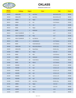 CKLASS
PRIMAVERA-VERANO 2015
Modelo
ascendente
Catálogo Página Color Talla Precio
304-83 CABALLERO 61 Azul Claro 30,32,34,36 y 38 469.00
304-83 CABALLERO 62 Azul Claro 30,32,34,36 y 38 469.00
305-50 URBAN 22 Negro 2 al 6 Enteros 343.00
305-51 URBAN 22 Oro 2 al 6 Enteros 379.00
305-52 DAMA 74 Oro 2 al 7 429.00
305-53 DAMA 74 Negro 2 al 7 429.00
306-22 DAMA 4 Multicolor 2 al 7 547.00
306-23 GALA Y GLAMOUR 7 Oro 2 al 7 535.00
306-23 GALA Y GLAMOUR 18 Plata 2 al 7 535.00
306-24 GALA Y GLAMOUR 12 Azul Marino 2 al 7 552.00
306-25 DAMA 4 Lila Multicolor 2 al 7 Enteros 547.00
306-26 DAMA 4 Verde Multicolor 2 al 7 Enteros 547.00
309-98 CABALLERO 50 Blanco/Azul Marino Ch,M,G y Eg 349.00
309-99 CABALLERO 58 Rayas/Aqua Ch,M,G y Eg 329.00
310-00 URBAN 30 Negro 3 al 6 1/2 319.00
311-05 DAMA 54 Miel 2 al 6 Enteros 489.00
312-00 URBAN 30 Multicolor 2 al 6 Enteros 319.00
313-13 DAMA 68 Verde Menta 2 al 6 Enteros 499.00
314-00 DAMA 80 Blanco 2 al 7 Enteros 379.00
315-59 FASHION 74 Azul 5,7,9,11 y 13 479.00
315-59 FASHION 74 Azul 5,7,9,11 y 13 479.00
315-59 FASHION 221 Azul 5,7,9,11 y 13 479.00
315-59 FASHION 222 Azul 5,7,9,11 y 13 479.00
315-59 FASHION 231 Azul 5,7,9,11 y 13 479.00
315-59 FASHION 253 Azul 5,7,9,11 y 13 479.00
315-60 FASHION 234 Azul Claro Ch,M,G y Eg 569.00
317-02 URBAN 12 Negro 2 al 6 1/2 379.00
319-01 URBAN 58 Camel 2 al 6 1/2 349.00
319-02 CONFRT 15 Blanco 2 al 6 499.00
319-03 CONFRT 22 Miel 2 al 6 499.00
Página 17 de 52
 