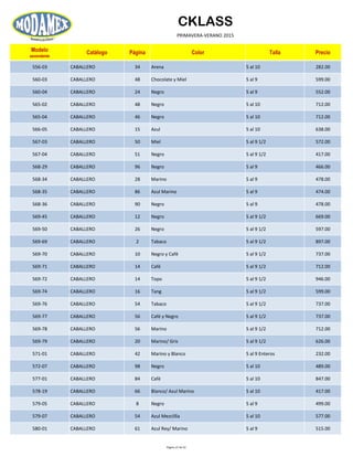 CKLASS
PRIMAVERA-VERANO 2015
Modelo
ascendente
Catálogo Página Color Talla Precio
556-03 CABALLERO 34 Arena 5 al 10 282.00
560-03 CABALLERO 48 Chocolate y Miel 5 al 9 599.00
560-04 CABALLERO 24 Negro 5 al 9 552.00
565-02 CABALLERO 48 Negro 5 al 10 712.00
565-04 CABALLERO 46 Negro 5 al 10 712.00
566-05 CABALLERO 15 Azul 5 al 10 638.00
567-03 CABALLERO 50 Miel 5 al 9 1/2 572.00
567-04 CABALLERO 51 Negro 5 al 9 1/2 417.00
568-29 CABALLERO 96 Negro 5 al 9 466.00
568-34 CABALLERO 28 Marino 5 al 9 478.00
568-35 CABALLERO 86 Azul Marino 5 al 9 474.00
568-36 CABALLERO 90 Negro 5 al 9 478.00
569-45 CABALLERO 12 Negro 5 al 9 1/2 669.00
569-50 CABALLERO 26 Negro 5 al 9 1/2 597.00
569-69 CABALLERO 2 Tabaco 5 al 9 1/2 897.00
569-70 CABALLERO 10 Negro y Café 5 al 9 1/2 737.00
569-71 CABALLERO 14 Café 5 al 9 1/2 712.00
569-72 CABALLERO 14 Topo 5 al 9 1/2 946.00
569-74 CABALLERO 16 Tang 5 al 9 1/2 599.00
569-76 CABALLERO 54 Tabaco 5 al 9 1/2 737.00
569-77 CABALLERO 56 Café y Negro 5 al 9 1/2 737.00
569-78 CABALLERO 56 Marino 5 al 9 1/2 712.00
569-79 CABALLERO 20 Marino/ Gris 5 al 9 1/2 626.00
571-01 CABALLERO 42 Marino y Blanco 5 al 9 Enteros 232.00
572-07 CABALLERO 98 Negro 5 al 10 489.00
577-01 CABALLERO 84 Café 5 al 10 847.00
578-19 CABALLERO 66 Blanco/ Azul Marino 5 al 10 417.00
579-05 CABALLERO 8 Negro 5 al 9 499.00
579-07 CABALLERO 54 Azul Mezclilla 5 al 10 577.00
580-01 CABALLERO 61 Azul Rey/ Marino 5 al 9 515.00
Página 27 de 52
 