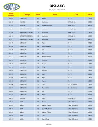 CKLASS
PRIMAVERA-VERANO 2015
Modelo
ascendente
Catálogo Página Color Talla Precio
580-01 CABALLERO 62 Negro 5 al 9 515.00
582-06 FASHION 226 Multicolor Ch,M,G y Eg 409.00
582-07 FASHION 194 Ivory Estampado Ch,M,G y Eg 509.00
582-08 COMPLEMENTO ROPA 25 Multicolor Ch,M,G y Eg 299.00
582-09 COMPLEMENTO ROPA 9 Multicolor Ch,M,G y Eg 529.00
582-10 COMPLEMENTO ROPA 38 Multicolor Ch,M,G y Eg 439.00
582-11 COMPLEMENTO ROPA 24 Multicolor Ch,M,G y Eg 409.00
583-05 CABALLERO 62 Rojo 5 al 9 454.00
583-08 CABALLERO 64 Negro y Marino 5 al 9 459.00
583-09 CABALLERO 64 Gris 5 al 9 459.00
583-10 CABALLERO 66 Gris 5 al 9 489.00
583-11 CABALLERO 68 Blanco/ Marino 5 al 9 466.00
585-01 CABALLERO 72 Amarillo 5 al 9 649.00
585-02 CABALLERO 72 Musgo 5 al 9 649.00
588-02 CABALLERO 72 Tang 5 al 9 649.00
590-01 CABALLERO 87 Mezclilla 5 al 9 478.00
591-03 CABALLERO 88 Miel 5 al 9 429.00
591-04 CABALLERO 94 Rojo 5 al 9 429.00
592-01 CABALLERO 82 Negro 5 al 9 663.00
593-06 CABALLERO 37 Café 5 al 10 Enteros 219.00
593-07 CABALLERO 37 Azul Marino 5 al 10 Enteros 219.00
594-01 CABALLERO 96 Gris 5 al 9 417.00
597-03 CABALLERO 88 Arena 5 al 9 405.00
600-24 FASHION 94 Rojo Ch,M,G y Eg 319.00
601-10 NIÑOS 68 Blanco 18 al 21 Enteros 338.00
605-65 NIÑOS 43 Marino c/ Miel 16 al 19 Enteros 392.00
605-66 NIÑOS 51 Charol Multicolor 13 al 15 Enteros 269.00
605-67 NIÑOS 55 Marino c/ Rojo 13 al 15 Enteros 368.00
605-69 NIÑOS 55 Café 13 al 15 Enteros 343.00
605-70 NIÑOS 59 Charol Rosa 10 al 13 Enteros 232.00
Página 28 de 52
 