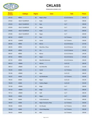 CKLASS
PRIMAVERA-VERANO 2015
Modelo
ascendente
Catálogo Página Color Talla Precio
675-32 NIÑOS 66 Negro y Rojo 22 al 25 Enteros 405.00
678-02 GALA Y GLAMOUR 2 Nude 2 al 7 599.00
678-03 GALA Y GLAMOUR 11 Rojo 2 al 7 599.00
678-04 GALA Y GLAMOUR 17 Negro 2 al 7 599.00
678-05 GALA Y GLAMOUR 5 Nude 2 al 7 649.00
678-06 GALA Y GLAMOUR 16 Negro 2 al 7 649.00
687-02 CONFRT 17 Rojo 2 al 7 Enteros 547.00
687-03 CONFRT 21 Camel 2 al 7 Enteros 539.00
690-04 NIÑOS 34 Blanco 16 al 19 Enteros 257.00
690-05 NIÑOS 34 Mezclilla c/ Rosa 16 al 19 Enteros 257.00
690-06 NIÑOS 51 Oro 13 al 15 Enteros 245.00
690-07 NIÑOS 51 Blanco 13 al 15 Enteros 245.00
697-02 NIÑOS 67 Negro 18 al 23 Enteros 375.00
697-03 NIÑOS 18 Mezclilla Multicolor 19 al 23 Enteros 294.00
698-13 URBAN 8 Marino 2 al 6 1/2 282.00
698-14 URBAN 16 Azul Mezclilla 2 al 6 1/2 314.00
702-05 DAMA 6 Camel 2 al 7 Enteros 429.00
702-06 URBAN 32 Aqua 2 al 6 1/2 466.00
702-07 DAMA 6 Azul Multicolor 2 al 7 Enteros 429.00
706-02 DAMA 20 Negro 2 al 6 1/2 535.00
706-03 DAMA 12 Fiusha y Negro 2 al 6 1/2 552.00
707-09 URBAN 10 Beige 2 al 7 269.00
707-10 URBAN 10 Beige 2 al 7 306.00
707-11 URBAN 30 Café 2 al 7 282.00
709-05 DAMA 62 Negro 2 al 7 528.00
709-06 DAMA 6 Fiusha Multicolor 2 al 7 Enteros 499.00
709-07 DAMA 18 Negro Tornasol y Plata 2 al 7 Enteros 559.00
709-08 DAMA 24 Oro Rosado 2 al 7 Enteros 499.00
709-09 DAMA 50 Charol Maquillaje 2 al 7 Enteros 565.00
709-10 DAMA 56 Miel 2 al 7 Enteros 539.00
Página 32 de 52
 