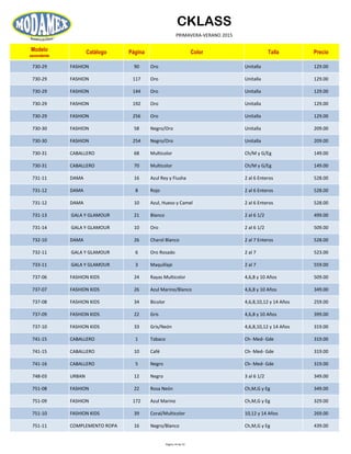 CKLASS
PRIMAVERA-VERANO 2015
Modelo
ascendente
Catálogo Página Color Talla Precio
730-29 FASHION 90 Oro Unitalla 129.00
730-29 FASHION 117 Oro Unitalla 129.00
730-29 FASHION 144 Oro Unitalla 129.00
730-29 FASHION 192 Oro Unitalla 129.00
730-29 FASHION 256 Oro Unitalla 129.00
730-30 FASHION 58 Negro/Oro Unitalla 209.00
730-30 FASHION 254 Negro/Oro Unitalla 209.00
730-31 CABALLERO 68 Multicolor Ch/M y G/Eg 149.00
730-31 CABALLERO 70 Multicolor Ch/M y G/Eg 149.00
731-11 DAMA 16 Azul Rey y Fiusha 2 al 6 Enteros 528.00
731-12 DAMA 8 Rojo 2 al 6 Enteros 528.00
731-12 DAMA 10 Azul, Hueso y Camel 2 al 6 Enteros 528.00
731-13 GALA Y GLAMOUR 21 Blanco 2 al 6 1/2 499.00
731-14 GALA Y GLAMOUR 10 Oro 2 al 6 1/2 509.00
732-10 DAMA 26 Charol Blanco 2 al 7 Enteros 528.00
732-11 GALA Y GLAMOUR 6 Oro Rosado 2 al 7 523.00
733-11 GALA Y GLAMOUR 3 Maquillaje 2 al 7 559.00
737-06 FASHION KIDS 24 Rayas Multicolor 4,6,8 y 10 Años 509.00
737-07 FASHION KIDS 26 Azul Marino/Blanco 4,6,8 y 10 Años 349.00
737-08 FASHION KIDS 34 Bicolor 4,6,8,10,12 y 14 Años 259.00
737-09 FASHION KIDS 22 Gris 4,6,8 y 10 Años 399.00
737-10 FASHION KIDS 33 Gris/Neón 4,6,8,10,12 y 14 Años 319.00
741-15 CABALLERO 1 Tabaco Ch- Med- Gde 319.00
741-15 CABALLERO 10 Café Ch- Med- Gde 319.00
741-16 CABALLERO 5 Negro Ch- Med- Gde 319.00
748-03 URBAN 12 Negro 3 al 6 1/2 349.00
751-08 FASHION 22 Rosa Neón Ch,M,G y Eg 349.00
751-09 FASHION 172 Azul Marino Ch,M,G y Eg 329.00
751-10 FASHION KIDS 39 Coral/Multicolor 10,12 y 14 Años 269.00
751-11 COMPLEMENTO ROPA 16 Negro/Blanco Ch,M,G y Eg 439.00
Página 34 de 52
 