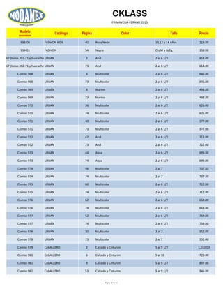 CKLASS
PRIMAVERA-VERANO 2015
Modelo
ascendente
Catálogo Página Color Talla Precio
993-08 FASHION KIDS 40 Rosa Neón 10,12 y 14 Años 219.00
999-01 FASHION 54 Negro Ch/M y G/Eg 359.00
mbo 967 (bolso 202-71 y huaraches 327-40)URBAN 2 Azul 2 al 6 1/2 614.00
mbo 967 (bolso 202-71 y huaraches 327-40)URBAN 73 Azul 2 al 6 1/2 614.00
Combo 968 URBAN 6 Multicolor 2 al 6 1/2 646.00
Combo 968 URBAN 73 Multicolor 2 al 6 1/2 646.00
Combo 969 URBAN 8 Marino 2 al 6 1/2 498.00
Combo 969 URBAN 73 Marino 2 al 6 1/2 498.00
Combo 970 URBAN 36 Multicolor 2 al 6 1/2 626.00
Combo 970 URBAN 74 Multicolor 2 al 6 1/2 626.00
Combo 971 URBAN 40 Multicolor 2 al 6 1/2 577.00
Combo 971 URBAN 73 Multicolor 2 al 6 1/2 577.00
Combo 972 URBAN 42 Azul 2 al 6 1/2 712.00
Combo 972 URBAN 73 Azul 2 al 6 1/2 712.00
Combo 973 URBAN 44 Aqua 2 al 6 1/2 699.00
Combo 973 URBAN 74 Aqua 2 al 6 1/2 699.00
Combo 974 URBAN 48 Multicolor 2 al 7 737.00
Combo 974 URBAN 74 Multicolor 2 al 7 737.00
Combo 975 URBAN 60 Multicolor 2 al 6 1/2 712.00
Combo 975 URBAN 74 Multicolor 2 al 6 1/2 712.00
Combo 976 URBAN 62 Multicolor 2 al 6 1/2 663.00
Combo 976 URBAN 74 Multicolor 2 al 6 1/2 663.00
Combo 977 URBAN 52 Multicolor 2 al 6 1/2 759.00
Combo 977 URBAN 74 Multicolor 2 al 6 1/2 759.00
Combo 978 URBAN 30 Multicolor 2 al 7 552.00
Combo 978 URBAN 73 Multicolor 2 al 7 552.00
Combo 979 CABALLERO 2 Calzado y Cinturón 5 al 9 1/2 1,032.00
Combo 980 CABALLERO 6 Calzado y Cinturón 5 al 10 729.00
Combo 981 CABALLERO 9 Calzado y Cinturón 5 al 9 1/2 897.00
Combo 982 CABALLERO 53 Calzado y Cinturón 5 al 9 1/2 946.00
Página 50 de 52
 