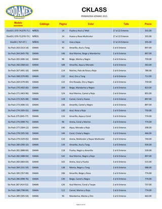 CKLASS
PRIMAVERA-VERANO 2015
Modelo
ascendente
Catálogo Página Color Talla Precio
Dúo02 ( 070-74,070-71 ) NIÑOS 14 Fiusha y Azul c/ Miel 17 al 22 Enteros 355.00
Dúo03 ( 070-72,070-73 ) NIÑOS 14 Hueso y Rosa Multicolor 17 al 22 Enteros 355.00
Dúo04 ( 767-07 ) NIÑOS 14 Uva y Aqua 17 al 23 Enteros 355.00
Six Pack 263 (313-14) DAMA 92 Amarillo, Azul y Tang 2 al 6 Enteros 897.00
Six Pack 264 (645-79) DAMA 146 Azul Marino, Beige y Mandarina 2 al 6 Enteros 897.00
Six Pack 265 (406-16) DAMA 98 Beige, Menta y Negro 2 al 6 Enteros 759.00
Six Pack 266 (368-02) DAMA 108 Amarillo, Aqua y Morado 3 al 6 Enteros 363.00
Six Pack 267 (491-10) DAMA 114 Marino, Palo de Rosa y Rojo 2 al 6 Enteros 786.00
Six Pack 268 (370-00) DAMA 132 Azul, Oro y Tang 2 al 6 Enteros 712.00
Six Pack 269 (379-00) DAMA 122 Oro Rosado, Oro y Negro 2 al 6 Enteros 759.00
Six Pack 270 (402-00) DAMA 104 Beige, Mandarina y Negro 2 al 6 Enteros 823.00
Six Pack 271 (463-96) DAMA 124 Azul Marino, Camel y Rojo 2 al 6 Enteros 855.00
Six Pack 272 (425-08) DAMA 128 Camel, Coral y Hueso 2 al 6 Enteros 897.00
Six Pack 273 (406-15) DAMA 136 Amarillo, Camel y Negro 2 al 6 Enteros 897.00
Six Pack 274 (305-55) DAMA 120 Azul, Rosa y Rojo 2 al 6 Enteros 759.00
Six Pack 275 (645-77) DAMA 116 Amarillo, Aqua y Coral 2 al 6 Enteros 774.00
Six Pack 276 (098-75) DAMA 96 Arena, Coral y Marino 2 al 6 Enteros 774.00
Six Pack 277 (304-12) DAMA 140 Aqua, Morado y Rojo 2 al 6 Enteros 208.00
Six Pack 278 (305-56) DAMA 144 Coral, Cristal y Negro 3 al 6 Enteros 466.00
Six Pack 279 (329-05) DAMA 110 Arena, Multicolor y Rayas Multicolor 2 al 6 Enteros 744.00
Six Pack 280 (390-10) DAMA 134 Amarillo, Azul y Tang 2 al 6 Enteros 934.00
Six Pack 281 (888-04) DAMA 118 Fiusha, Negro y Amarillo 2 al 6 Enteros 539.00
Six Pack 282 (488-04) DAMA 142 Azul Marino, Negro y Rojo 2 al 6 Enteros 897.00
Six Pack 283 (683-03) DAMA 102 Arena, Azul y Fiusha 3 al 6 Enteros 515.00
Six Pack 284 (331-59) DAMA 138 Menta, Negro y Tang 2 al 6 Enteros 688.00
Six Pack 285 (767-06) DAMA 106 Amarillo, Beige y Rosa 2 al 6 Enteros 774.00
Six Pack 286 (098-76) DAMA 130 Beige, Camel y Negro 2 al 6 Enteros 774.00
Six Pack 287 (414-52) DAMA 126 Azul Marino, Coral y Taupe 2 al 6 Enteros 737.00
Six Pack 288 (798-04) DAMA 112 Camel, Marino y Rojo 2 al 6 Enteros 774.00
Six Pack 289 (305-54) DAMA 94 Mandarina, Menta y Oro 2 al 6 Enteros 663.00
Página 51 de 52
 